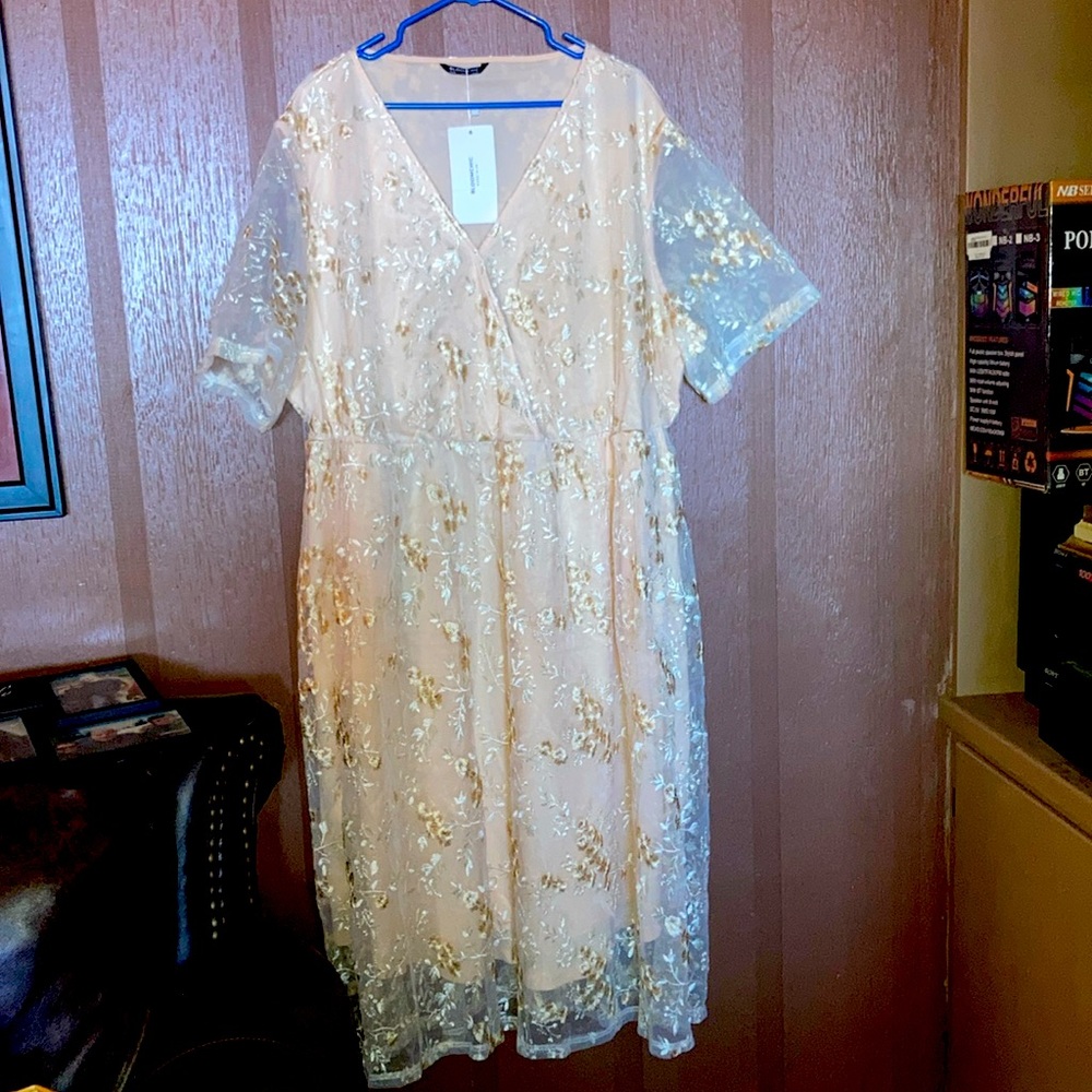 Pale pink lace overlay formal dress